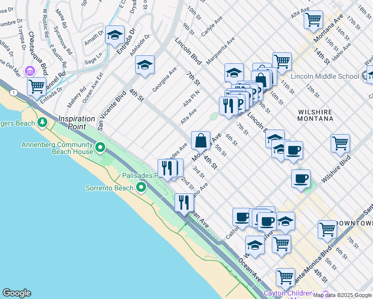 map of restaurants, bars, coffee shops, grocery stores, and more near 314 Palisades Avenue in Santa Monica