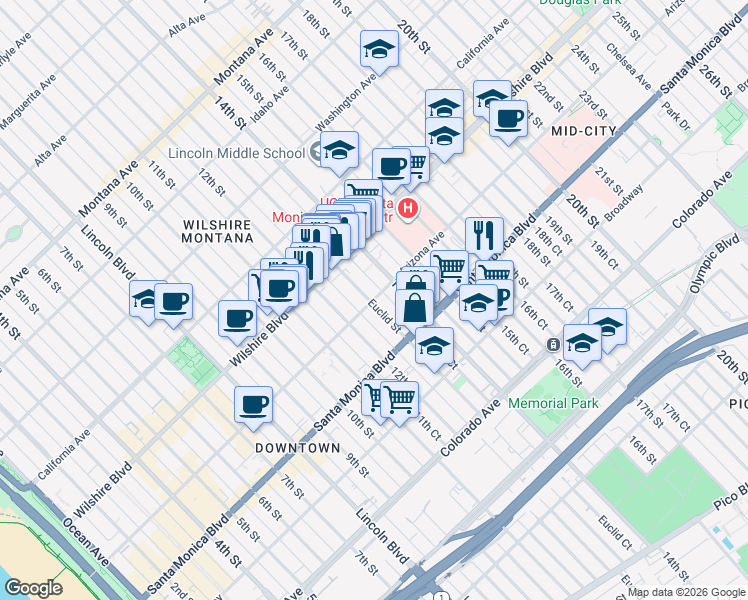map of restaurants, bars, coffee shops, grocery stores, and more near 1314 Euclid Street in Santa Monica