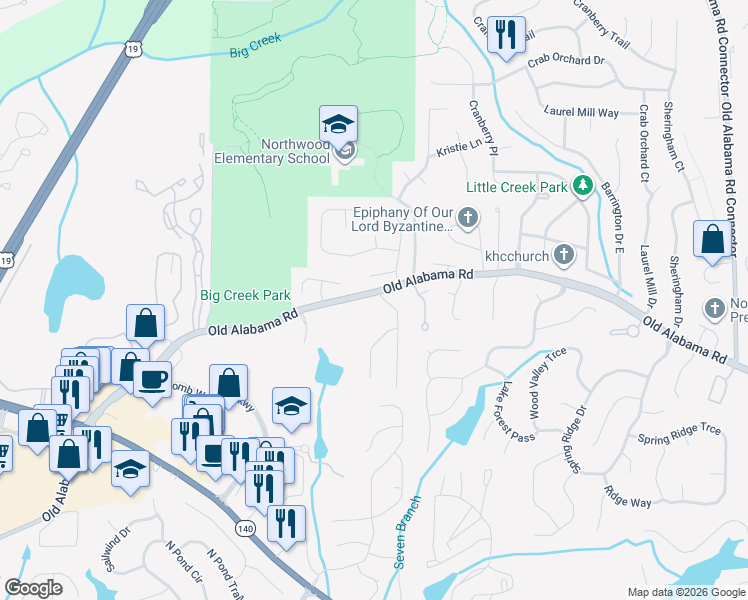map of restaurants, bars, coffee shops, grocery stores, and more near 530 Ansley Drive in Roswell