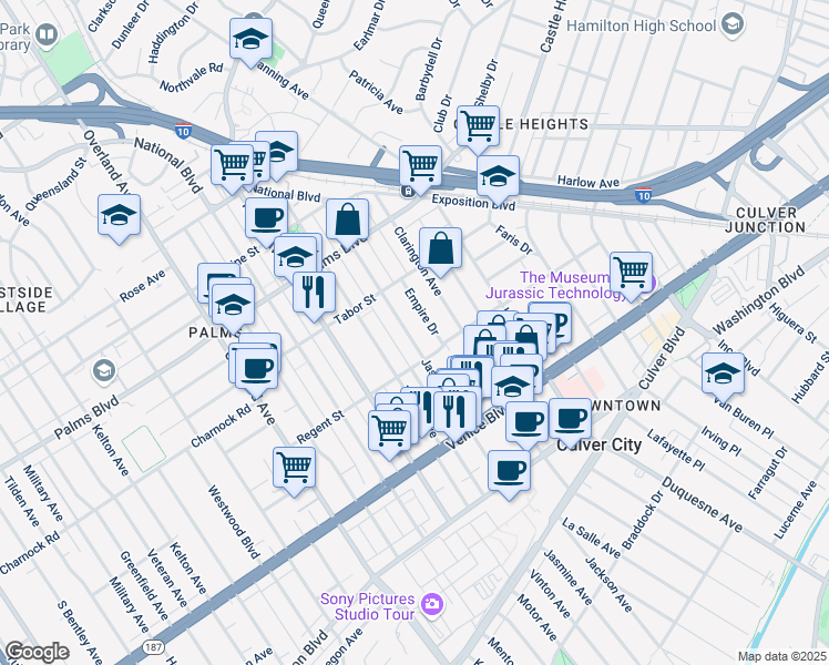 map of restaurants, bars, coffee shops, grocery stores, and more near 3664 Jasmine Avenue in Los Angeles