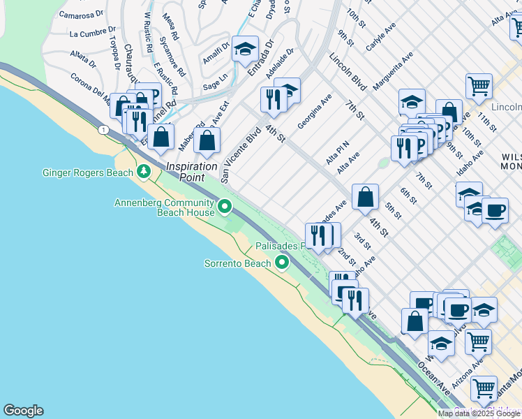 map of restaurants, bars, coffee shops, grocery stores, and more near Ocean Avenue & Marguerita Avenue in Santa Monica