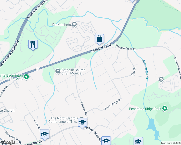 map of restaurants, bars, coffee shops, grocery stores, and more near 1600 Highland Farm Drive in Suwanee