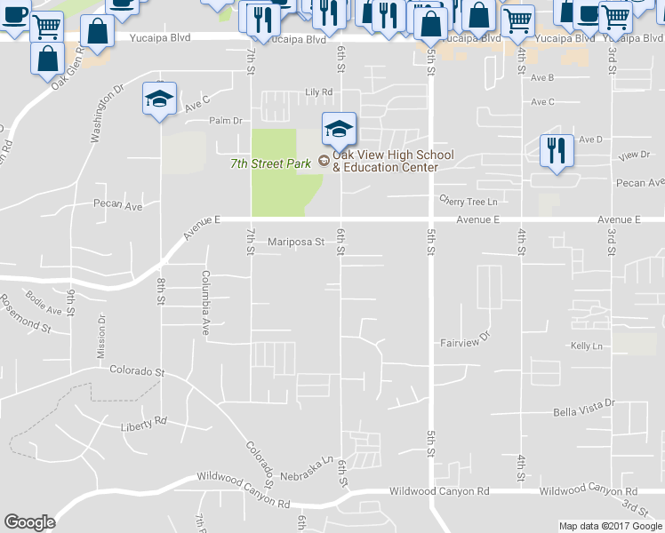 map of restaurants, bars, coffee shops, grocery stores, and more near 12598 6th Street in Yucaipa