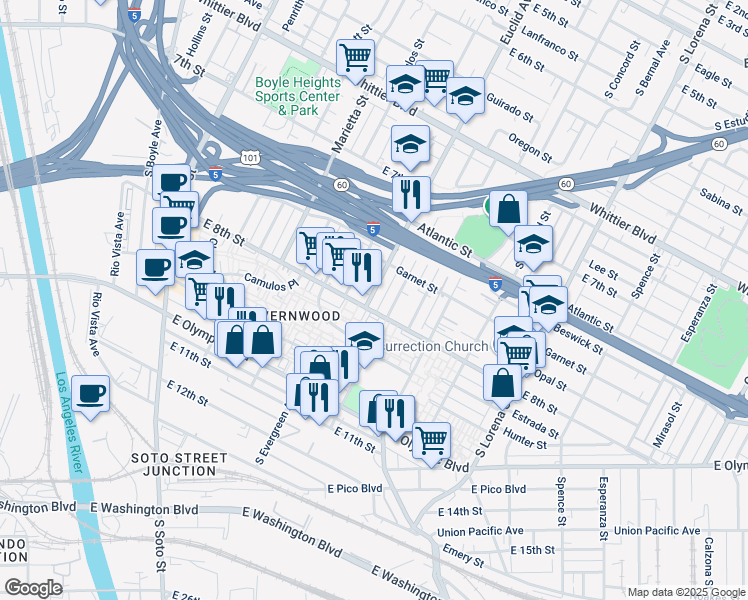 map of restaurants, bars, coffee shops, grocery stores, and more near 1151 South Dacotah Street in Los Angeles