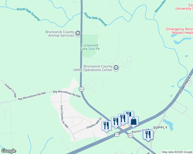 map of restaurants, bars, coffee shops, grocery stores, and more near 200 Green Swamp Road Northwest in Brunswick County