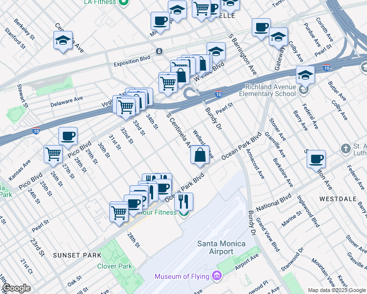 map of restaurants, bars, coffee shops, grocery stores, and more near 2621 South Centinela Avenue in Santa Monica