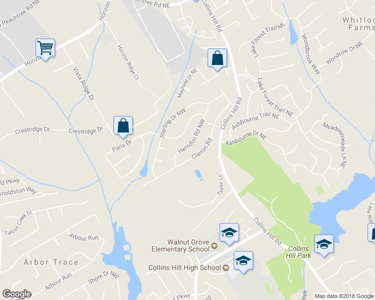 map of restaurants, bars, coffee shops, grocery stores, and more near 2593 Herndon Road Northwest in Lawrenceville