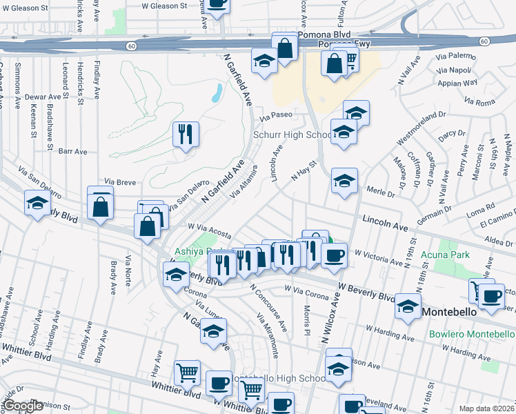 map of restaurants, bars, coffee shops, grocery stores, and more near 605 North Hay Street in Montebello