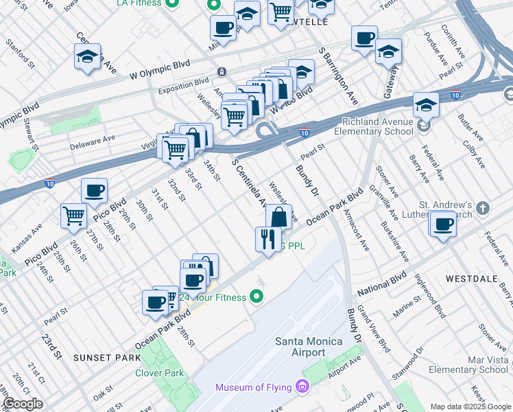 map of restaurants, bars, coffee shops, grocery stores, and more near 2621 South Centinela Avenue in Santa Monica