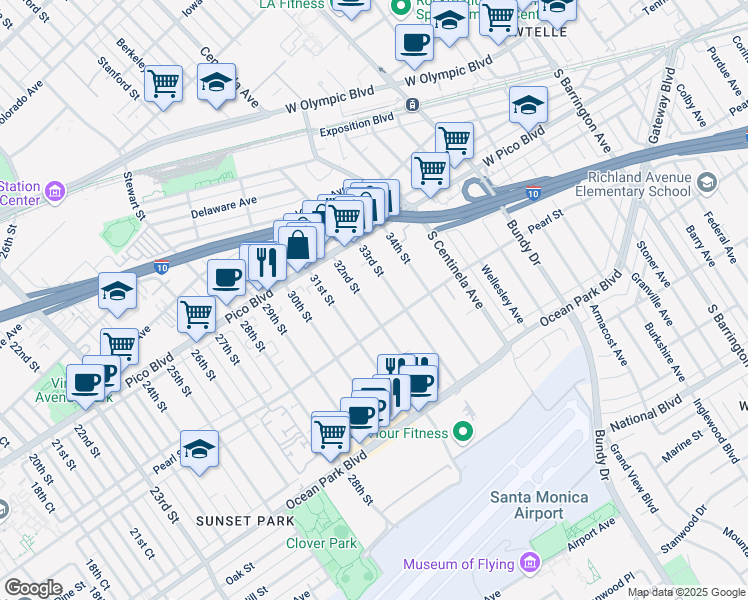 map of restaurants, bars, coffee shops, grocery stores, and more near 2414 32nd Street in Santa Monica