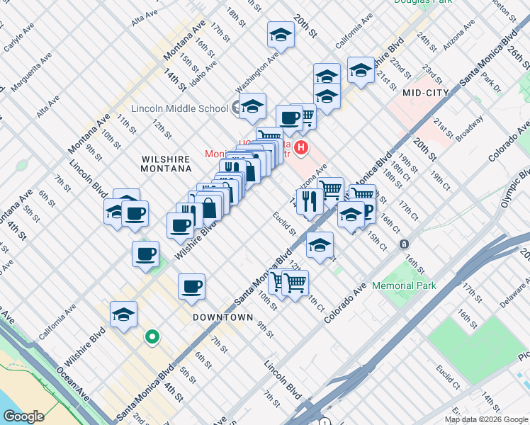 map of restaurants, bars, coffee shops, grocery stores, and more near 1246 Euclid Street in Santa Monica