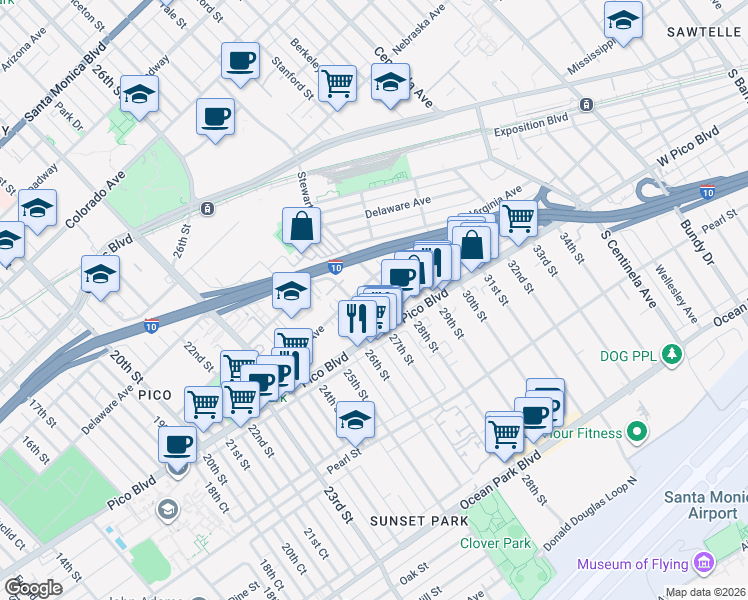 map of restaurants, bars, coffee shops, grocery stores, and more near 2628 Kansas Avenue in Santa Monica
