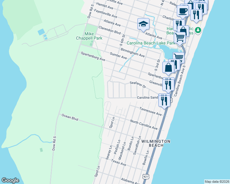 map of restaurants, bars, coffee shops, grocery stores, and more near 919 Coast Walk Lane in Carolina Beach