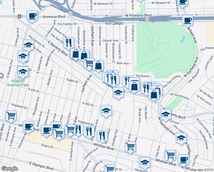 map of restaurants, bars, coffee shops, grocery stores, and more near 3505 West Beverly Boulevard in Montebello