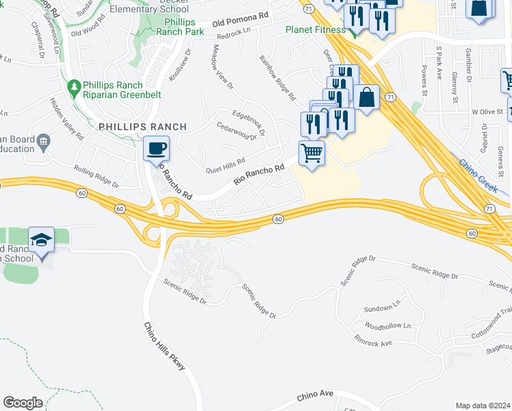 map of restaurants, bars, coffee shops, grocery stores, and more near 78 Brownfield Lane in Pomona