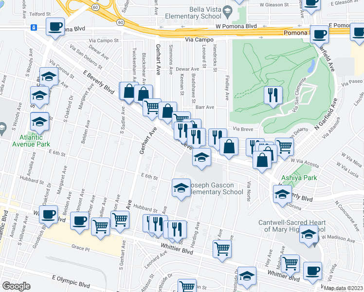 map of restaurants, bars, coffee shops, grocery stores, and more near 3505 West Beverly Boulevard in Montebello