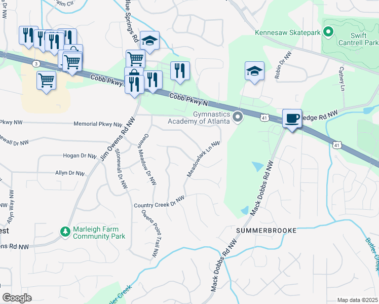 map of restaurants, bars, coffee shops, grocery stores, and more near 3374 Tia Trace Northwest in Kennesaw