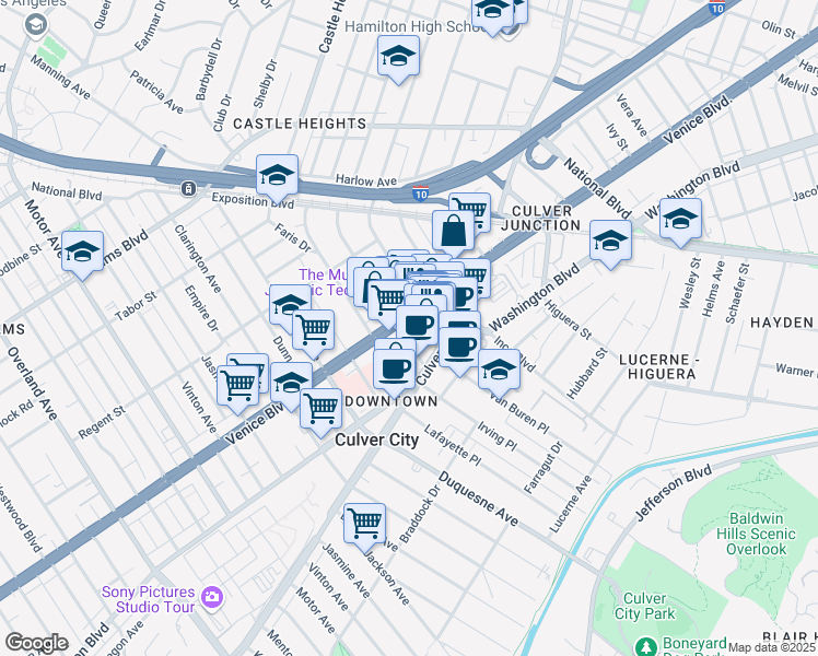map of restaurants, bars, coffee shops, grocery stores, and more near 3811 Main Street in Culver City
