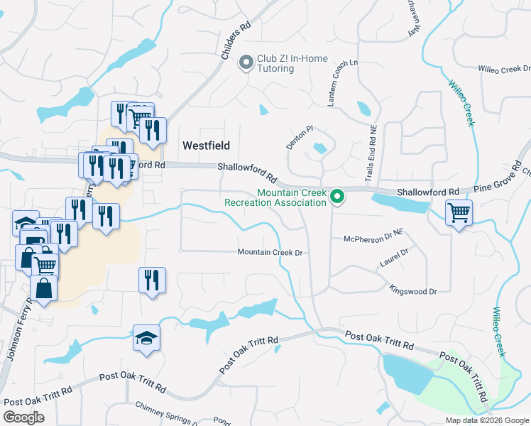 map of restaurants, bars, coffee shops, grocery stores, and more near 4762 Hill Court in Roswell