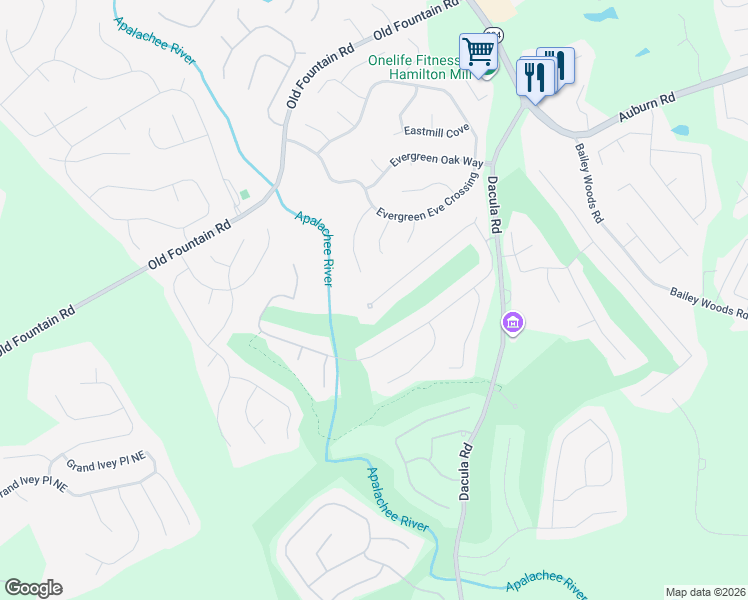 map of restaurants, bars, coffee shops, grocery stores, and more near 2895 The Terraces Way in Dacula