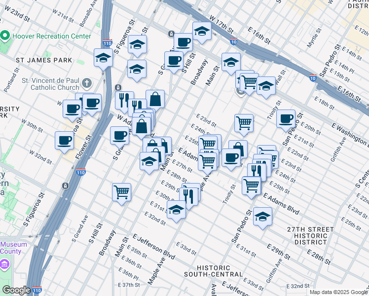 map of restaurants, bars, coffee shops, grocery stores, and more near 121 East Adams Boulevard in Los Angeles
