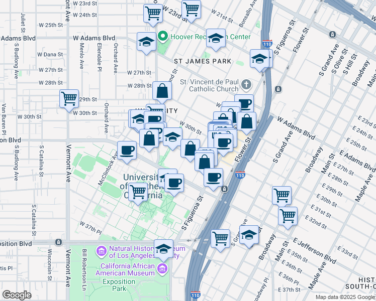 map of restaurants, bars, coffee shops, grocery stores, and more near 668 West 32nd Street in Los Angeles