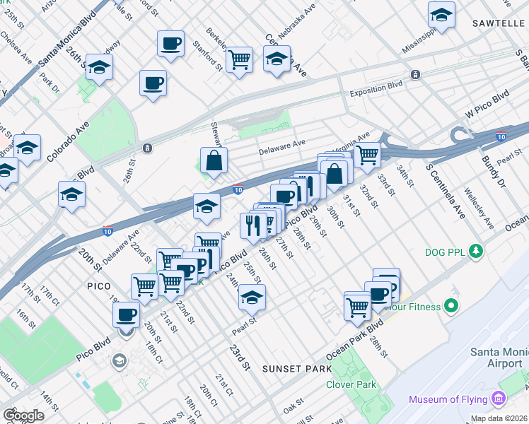 map of restaurants, bars, coffee shops, grocery stores, and more near 2636 Kansas Avenue in Santa Monica