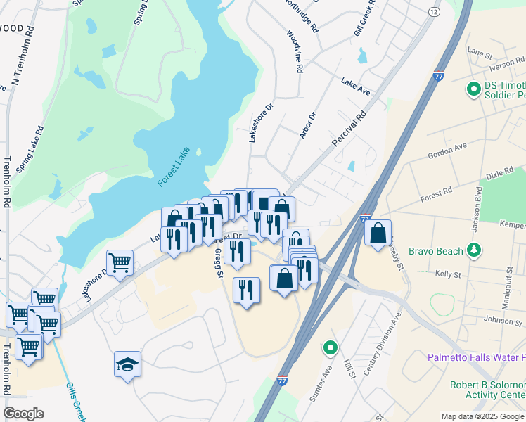 map of restaurants, bars, coffee shops, grocery stores, and more near 77 Percival Road in Columbia