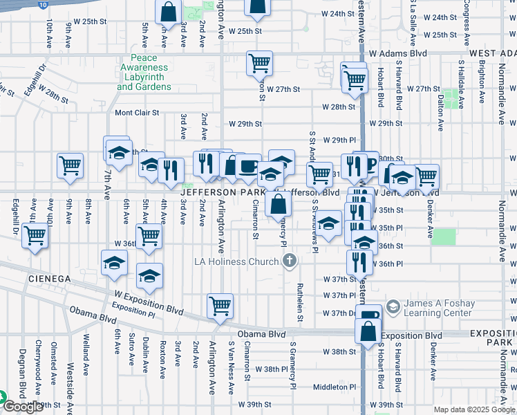 map of restaurants, bars, coffee shops, grocery stores, and more near 3418 Cimarron Street in Los Angeles