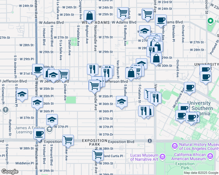 map of restaurants, bars, coffee shops, grocery stores, and more near 1352 West 35th Street in Los Angeles