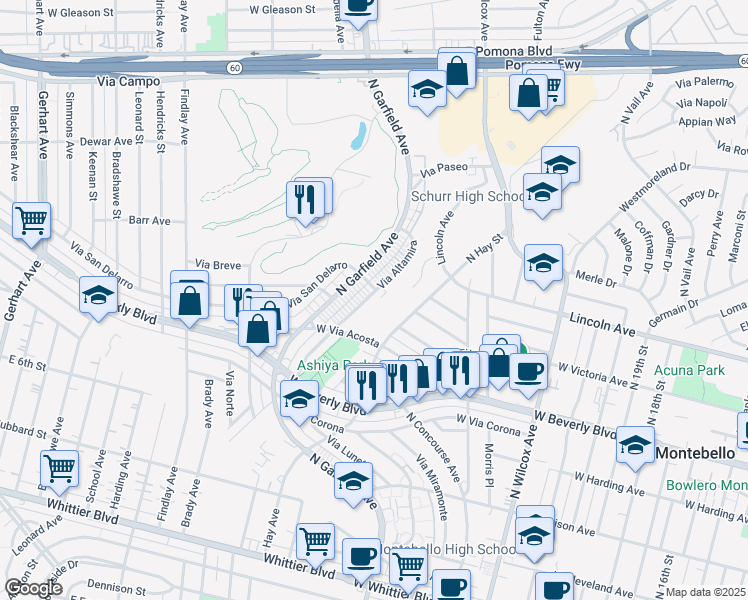 map of restaurants, bars, coffee shops, grocery stores, and more near 628 Via Altamira in Montebello