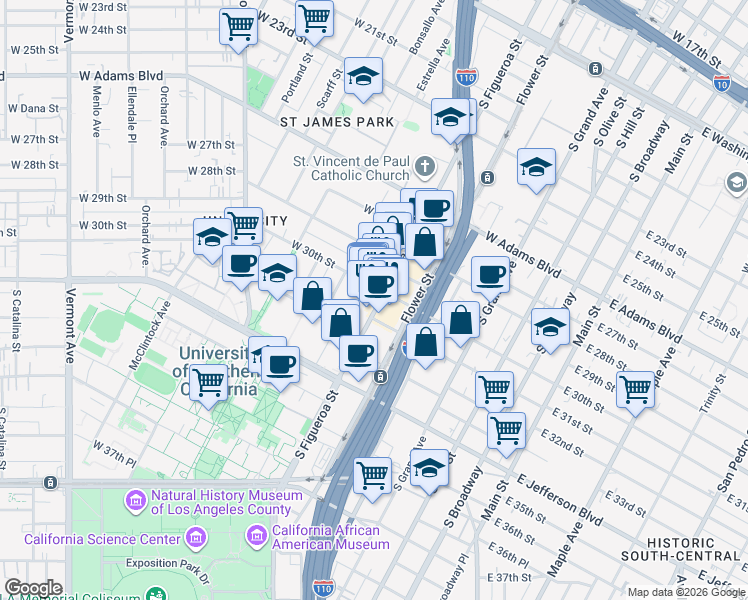 map of restaurants, bars, coffee shops, grocery stores, and more near 3021 South Figueroa Street in Los Angeles
