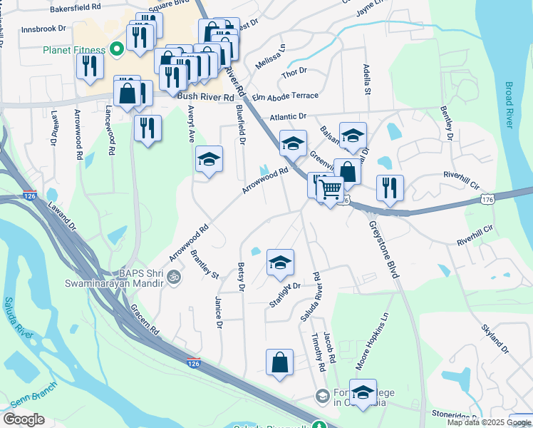 map of restaurants, bars, coffee shops, grocery stores, and more near 1017 Betsy Drive in Columbia