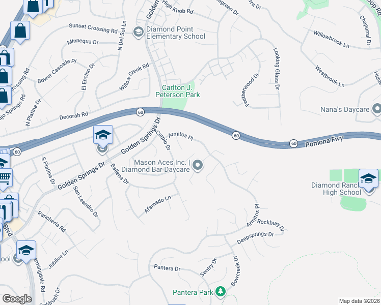 map of restaurants, bars, coffee shops, grocery stores, and more near 24353 Vista Buena Drive in Diamond Bar
