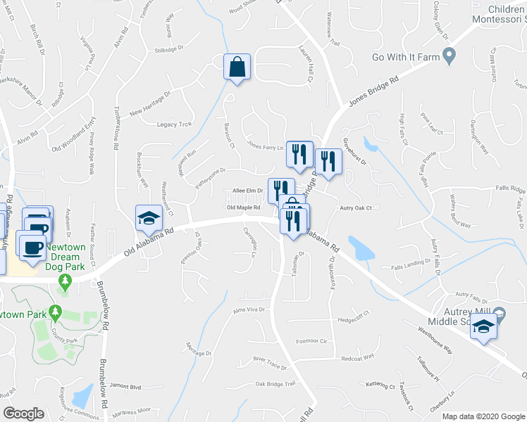 map of restaurants, bars, coffee shops, grocery stores, and more near 3597 Old Maple Road in Alpharetta