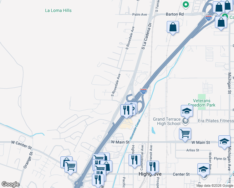 map of restaurants, bars, coffee shops, grocery stores, and more near 2648 South Rosedale Avenue in Colton