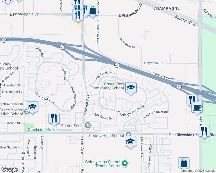 map of restaurants, bars, coffee shops, grocery stores, and more near 2705 Badgerglen Place in Ontario
