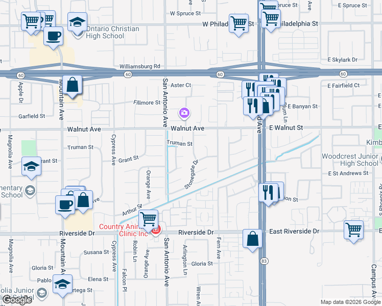 map of restaurants, bars, coffee shops, grocery stores, and more near 6759 Grant Court in Chino