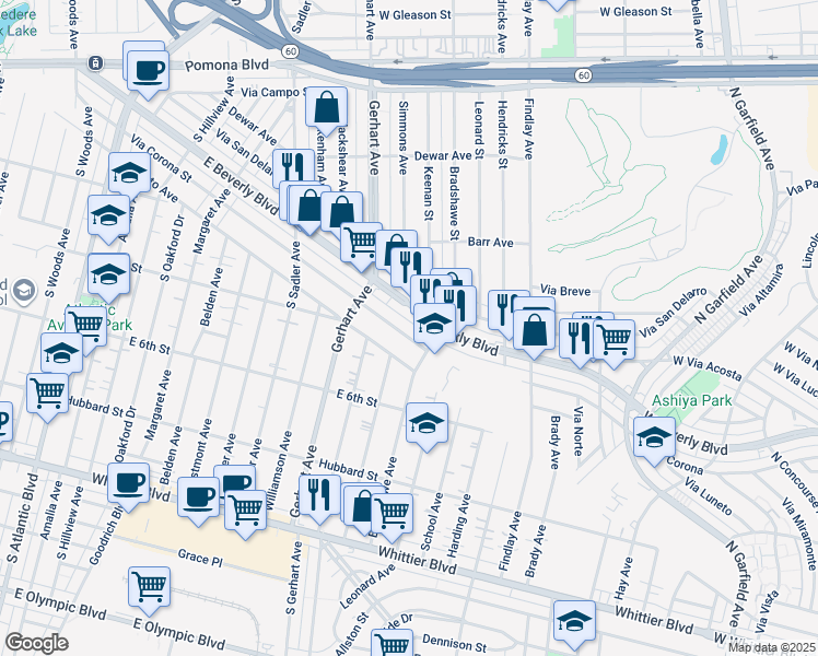 map of restaurants, bars, coffee shops, grocery stores, and more near 3525 West Via Corona Street in Montebello