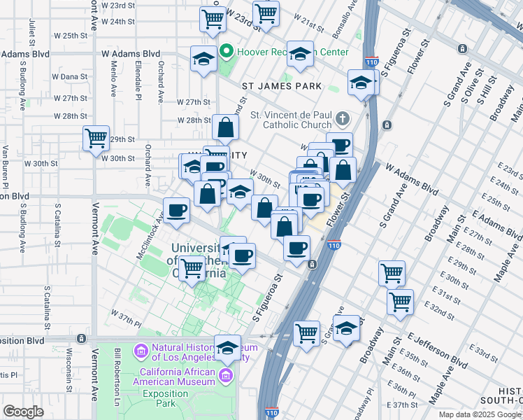 map of restaurants, bars, coffee shops, grocery stores, and more near 668 West 32nd Street in Los Angeles