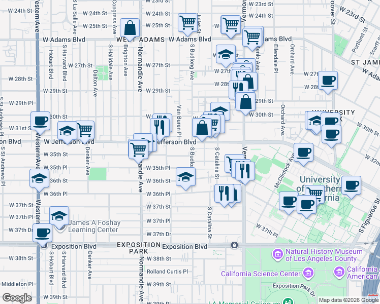 map of restaurants, bars, coffee shops, grocery stores, and more near 3505 Budlong Avenue in Los Angeles