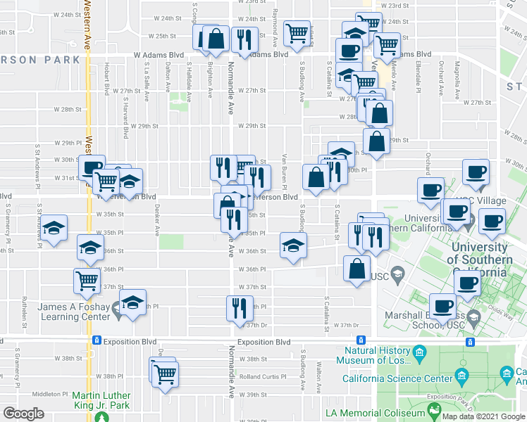 map of restaurants, bars, coffee shops, grocery stores, and more near 1352 West 35th Street in Los Angeles