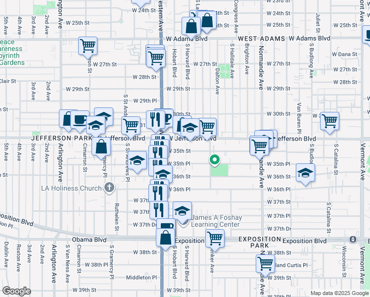 map of restaurants, bars, coffee shops, grocery stores, and more near 1614 West 35th Street in Los Angeles