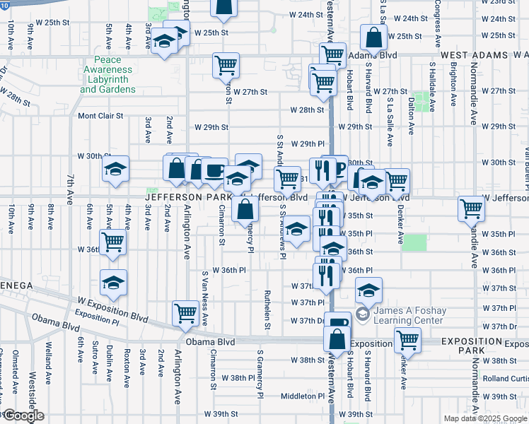 map of restaurants, bars, coffee shops, grocery stores, and more near 1814 West 35th Street in Los Angeles