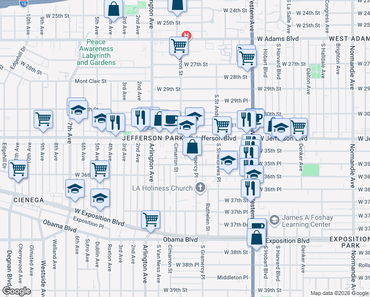 map of restaurants, bars, coffee shops, grocery stores, and more near 3500 Cimarron Street in Los Angeles