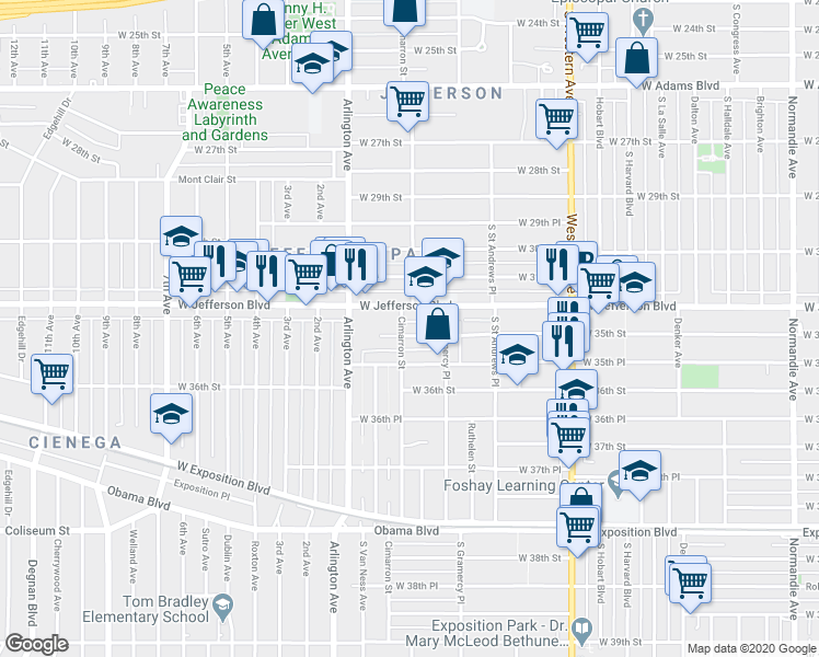 map of restaurants, bars, coffee shops, grocery stores, and more near 3500 Cimarron Street in Los Angeles