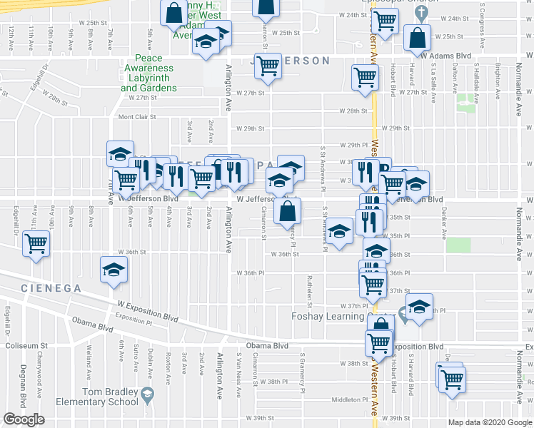map of restaurants, bars, coffee shops, grocery stores, and more near 3500 Cimarron Street in Los Angeles