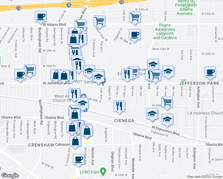 map of restaurants, bars, coffee shops, grocery stores, and more near 3446 Edgehill Drive in Los Angeles