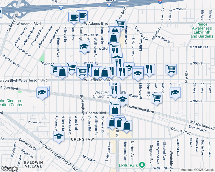 map of restaurants, bars, coffee shops, grocery stores, and more near 3507 South Victoria Avenue in Los Angeles