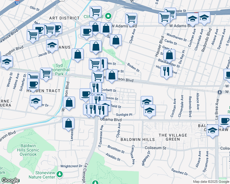 map of restaurants, bars, coffee shops, grocery stores, and more near 5708 Corbett Street in Los Angeles